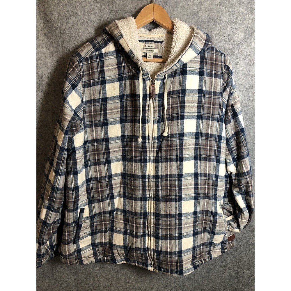 L.L. Bean Jacket Women Large Blue Plaid Flannel Sherpa Lined Hooded Zip Coat